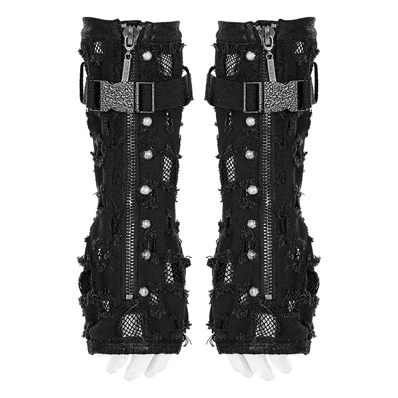 PUNK RAVE Men\'s Punk Twill Holes Denim & Gauze Fingerless Gloves Motorcycle Cool Military Metal Buckle Black  1 Pair