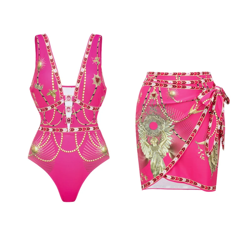 2025 Flaxmaker creux motif métallique impression une pièce maillot de bain et jupe femmes Sexy col en V rétro maillot de bain imprimé tankini