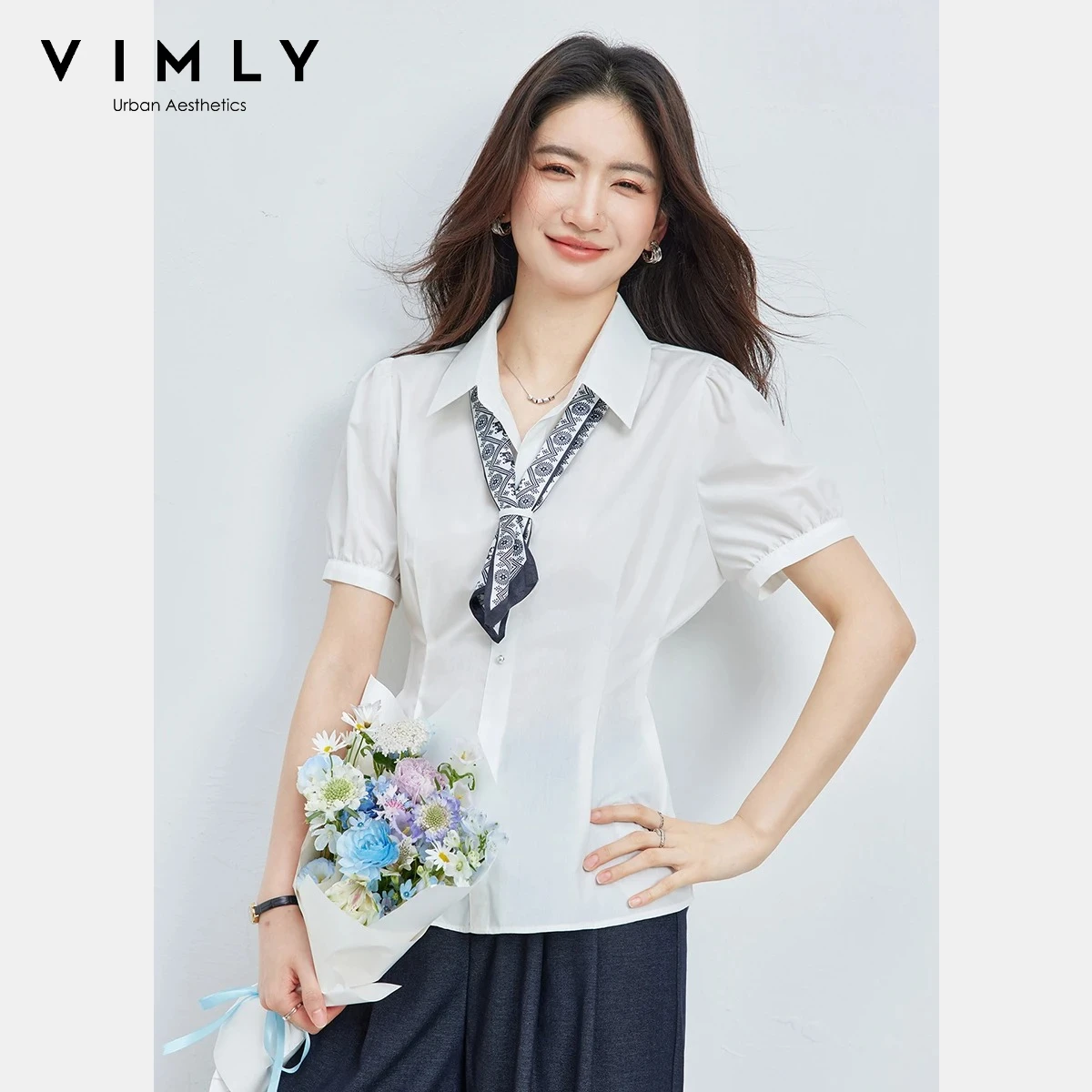 

VIMLY Commute White Slim Shirt Women 2026 Summer Lapel Collar Removable Printed Scarf Lightweight Short Sleeve Blouse A6538