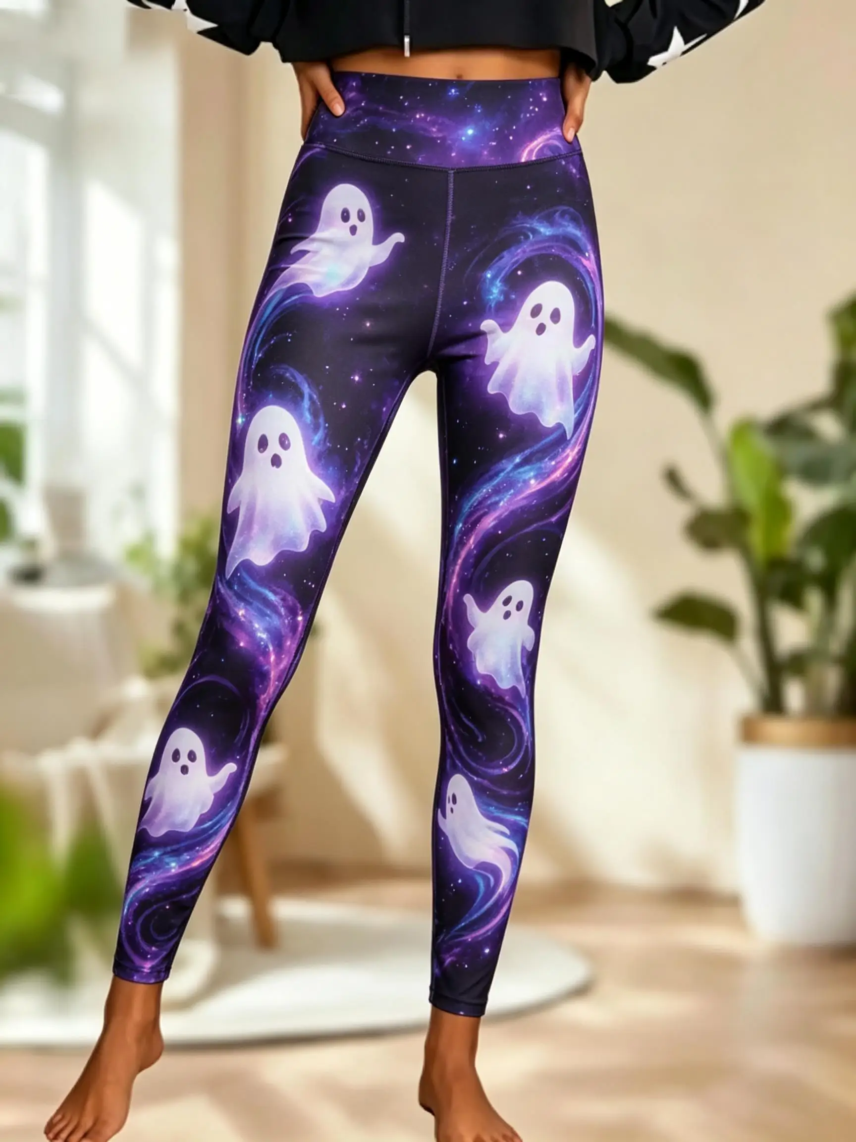 Women Halloween Fleece Mid‑Rise Leggings Galaxy Ghost Spirit Full Print Stretch Slim Pants