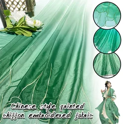 Chinese Classical Style Printed Green Leaf Chiffon Embroidery Fabric Diy Hanfu Shirts Doll Cloth Gradient Lotus Leaf Sew Fabric