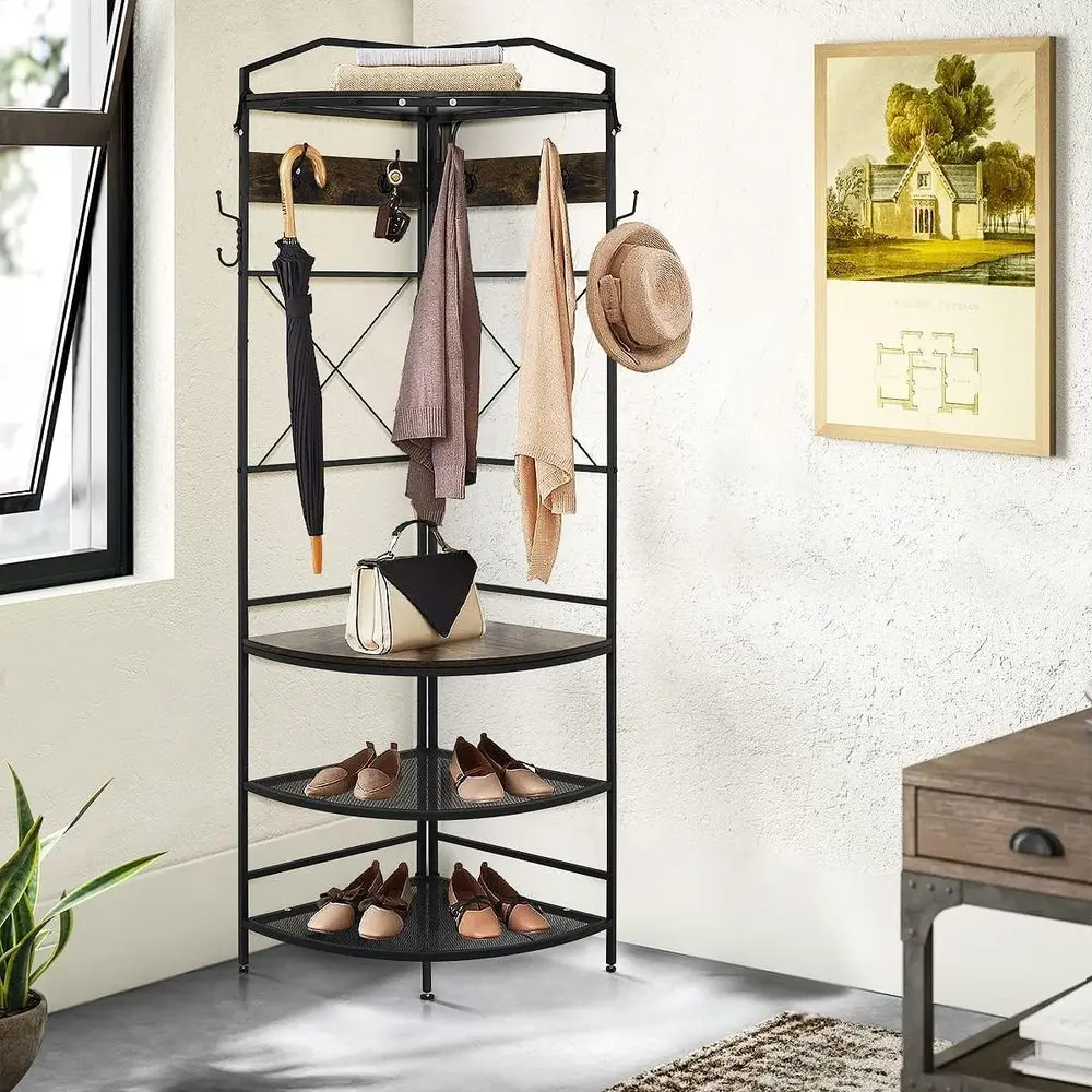 

Rustic Brown Multifunctional Entryway Shoe Rack with 8 Metal Hooks and Storage Shelf for Hall Tree Stand or Living Room, Office