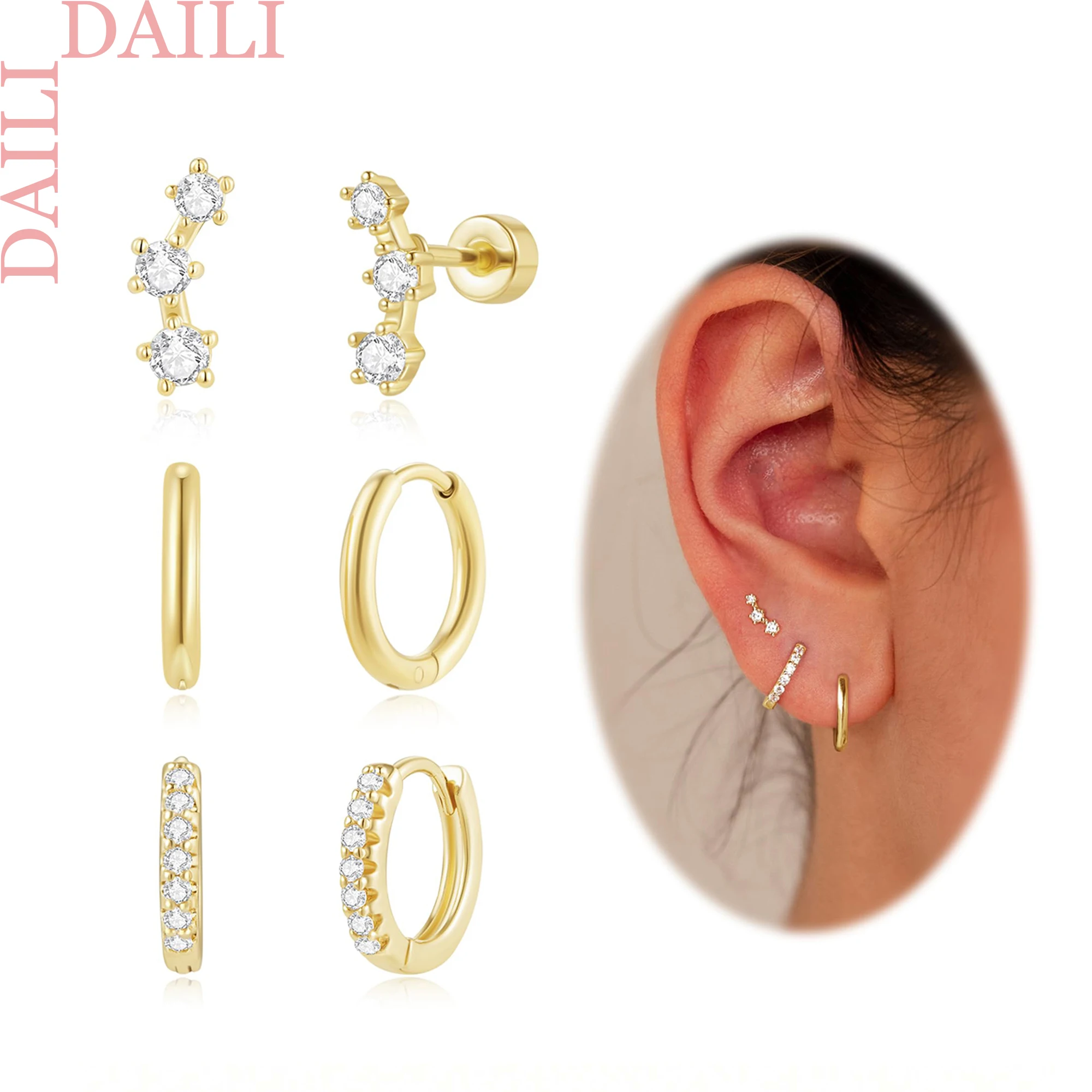 3 Pairs Earring Stacks Gold Hoop Earrings Set, Dainty 14K Gold Huggie Hoop Earrings Set for Multiple Piercing Gift for Mother