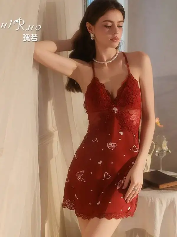 핫 패디드 슬립웨어 드레스 퓨어 디자이어 레이스 섹시 새틴 드레스 백리스 딥 V 서스펜더 슬리브리스 프린트 드레스 매력적인 GT5U