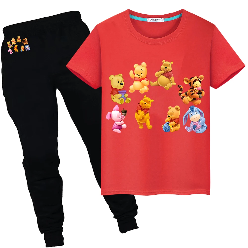 

Pooh Bear Kawaii Print 100%Cotton T-shirt kids boutique clothes Short+pant cartoon Tshirts Summer Disney boys girls Sports Sets