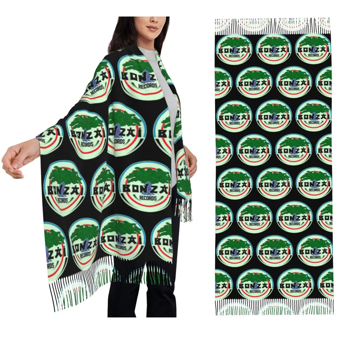 

Шарф Bonzai Records, шарфы с кисточками для женщин, мягкие теплые шали и накидки, большая осенне-зимняя шаль