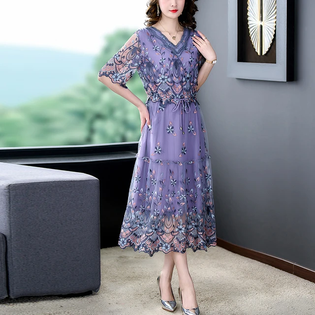 2023 Women's Purple Silk Flower Embroidery Dress V-neck Lace Mesh Patch  Loose Large Size Slim Summer Thin Knee Long Dress Gown - Dresses -  AliExpress