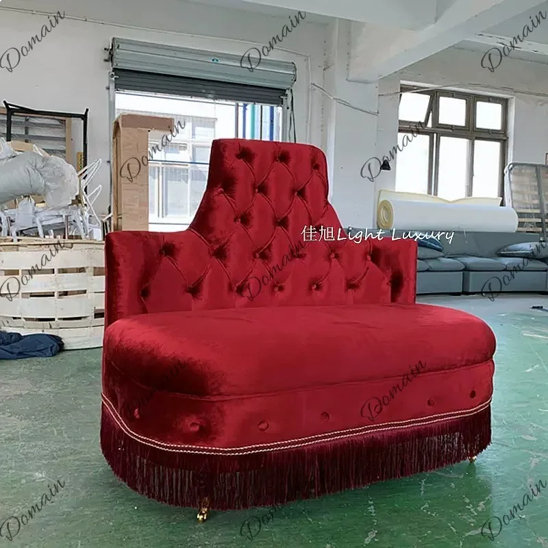 VP Neoclassical burgundy golden velvet small double sofa fringed retro style pulley pull button medieval