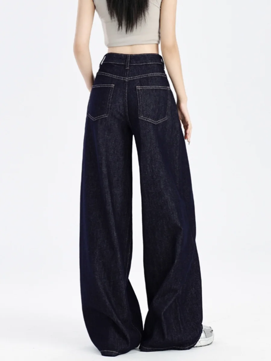

American Style Deep Blue Jeans Women's Autumn Winter plus Size Slim Straight Leg Pants Loose Floor Length Wide Leg Trousers