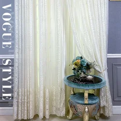 European Luxury Stripe Embroidered Pearl Tulle Curtains Lace Sheer Curtains For Living Room Bedroom Princess Room Wedding Room