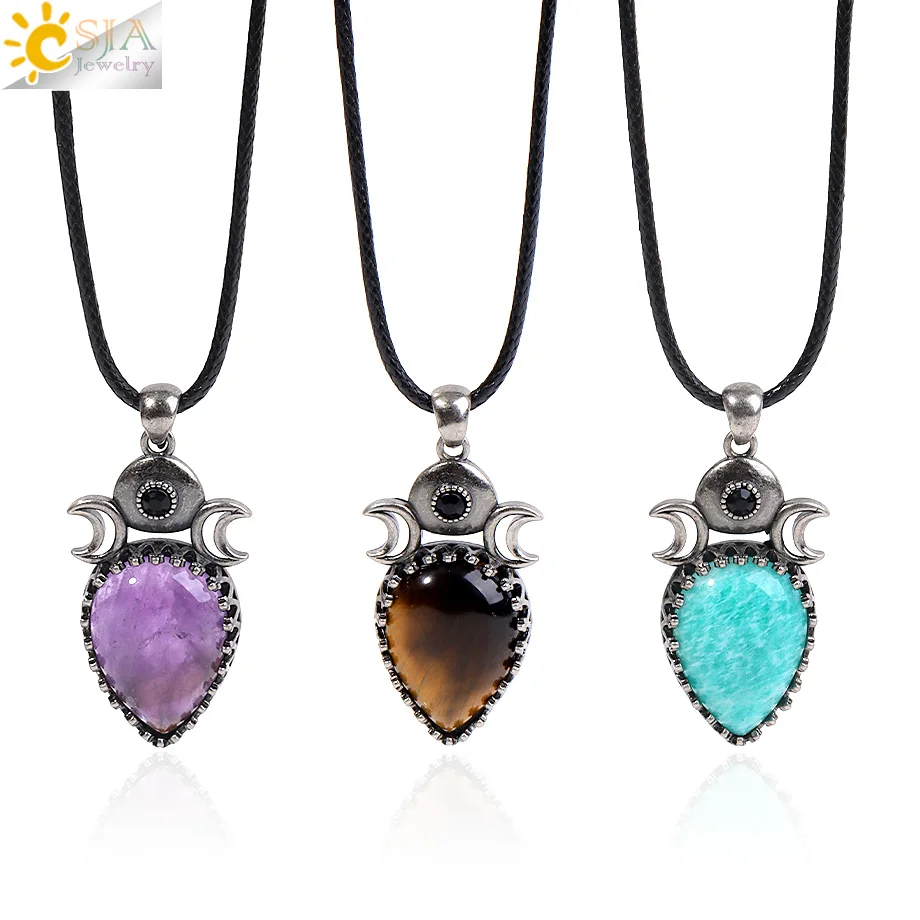 CSJA Crystal Pendant Necklace Water Drop Natural Stone Tiger Eye Amethyst Double Moon Pendants for Men Women Energy Jewelry H912