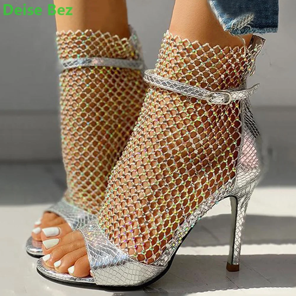 Kristal Mesh Peep Toe Sandalen Strass Rits 2202 Nieuwe Schoenen Voor Vrouwen Holle Solide Sexy Mode Dunne Hoge Hak Cover Achterkant