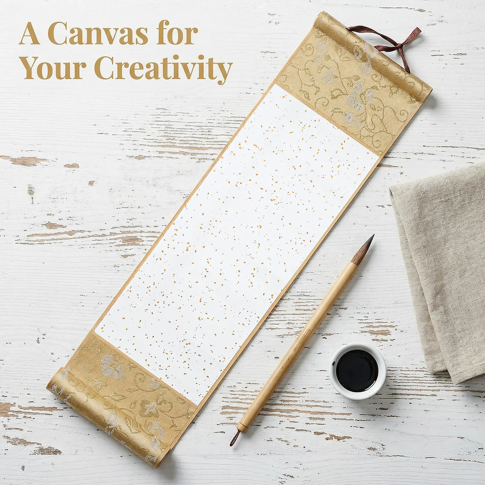 Authentic Xuan Paper Blank Scroll with Solid Wood Rods Ideal for Chinese Brush Painting Calligraphy Practice Wedding Signatures