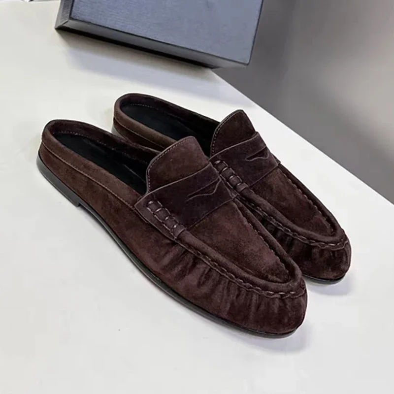 Dilalula 2026 Trend Natuurlijk Leer Geplooide Muiltjes Dames Bedekte Teen Platte Hak Slippers Vrouwelijke Kwaliteit Casual Sandalen Vakantie
