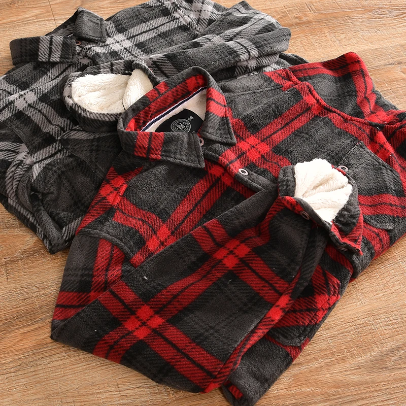 Men's Winter Thickened Fleece Long Sleeve Shirt Vintage Plaid Loose Fit Youth Fashion Sharp Collar Classic Style Garment