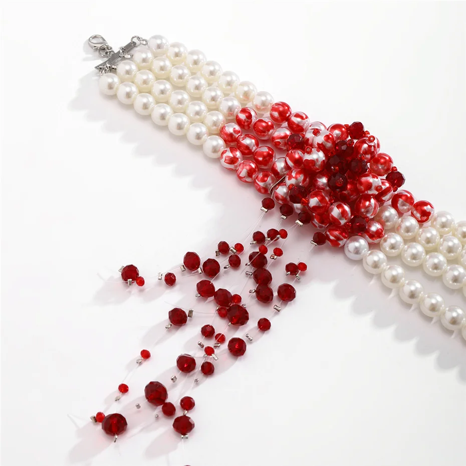 Goth Vintage Rote Blut Muster Imitation Perle Kette Halskette für Frauen Mi Braut Lange Quaste Perlen Anhänger Halloween Schmuck – Detail 7