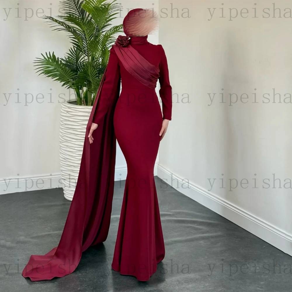 فساتين سهرة مخصصة برقبة عالية وأكمام طويلة وطيات فستان حفلات حورية البحر بسيط بطول الأرض فستان سعودي للنساء المسلمات