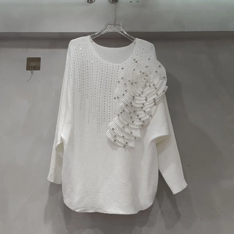 DEAT Women's Knitted Pullover White Spliced Flowers Crystal Loose Batwing Sleeve O-neck Sweaters 2025 New Fashion Spring 29L9411