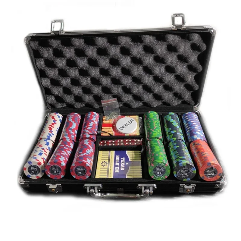 Cards mould ceramic poker chips set 300  custom made your logo and color with black aluminum case packing