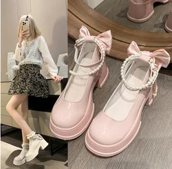 2025 French Pearl One-Character Buckle Women's High Heels Thick Bottom Preppy Style Mary Dress Sandals Summer Banquet Shoe