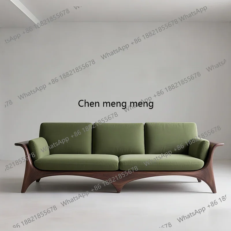 Solid Wood Black Walnut Straight Row Sofa Living Room Fabric Three-Seater New Model