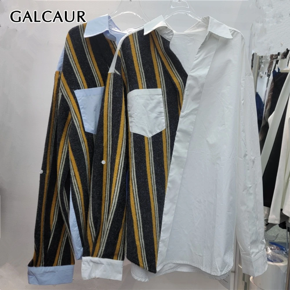 

GALCAUR Hit Color Spliced Striped Chic Shirt Female Lapel Long Sleeve Loose French Design Women's Shirts Autumn Fashion Style