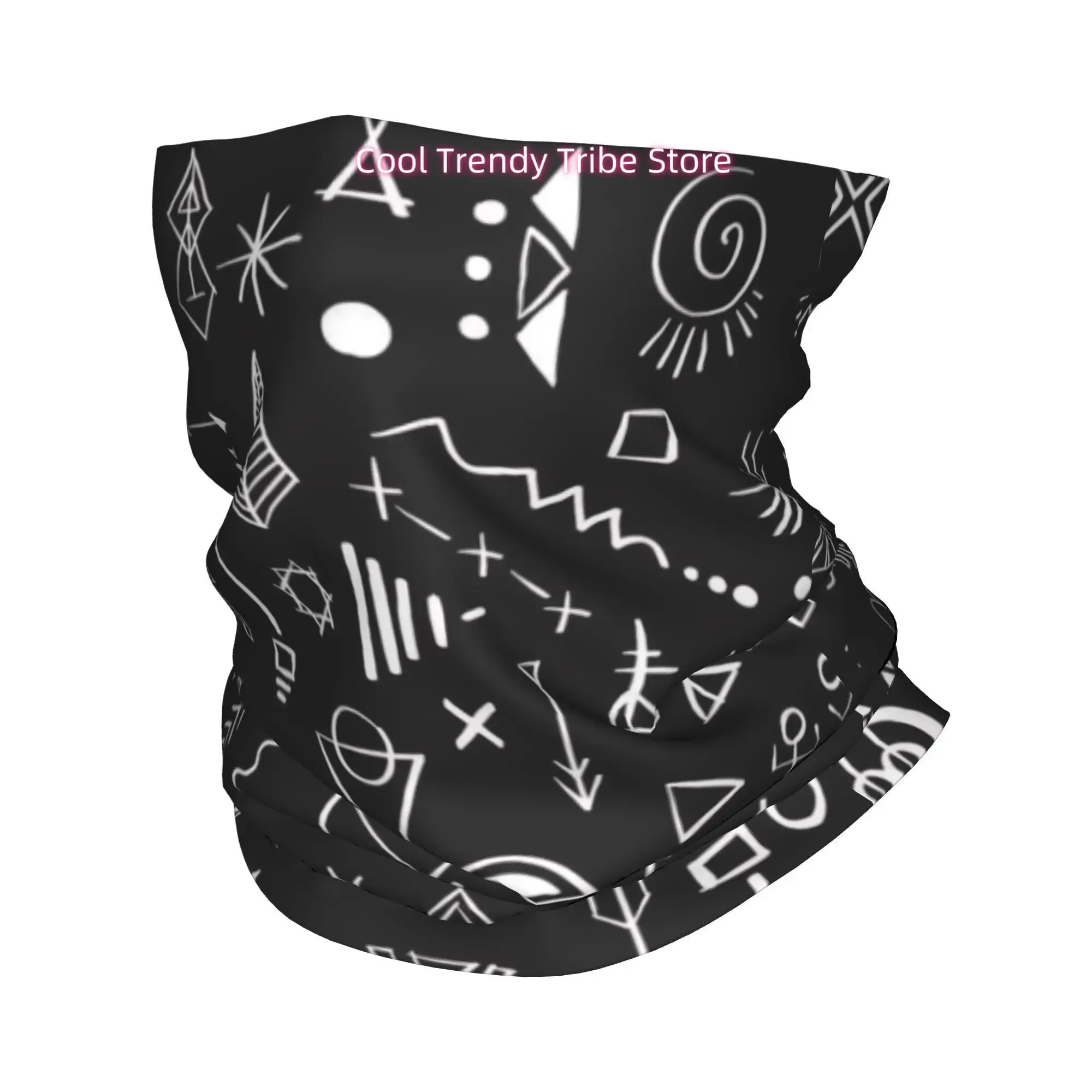 Women' Boho Tribal Headscarf & Hair Wrap - Minimalist Retro Bandana with White on Black Geometric Boho Floral Patterns, Machine