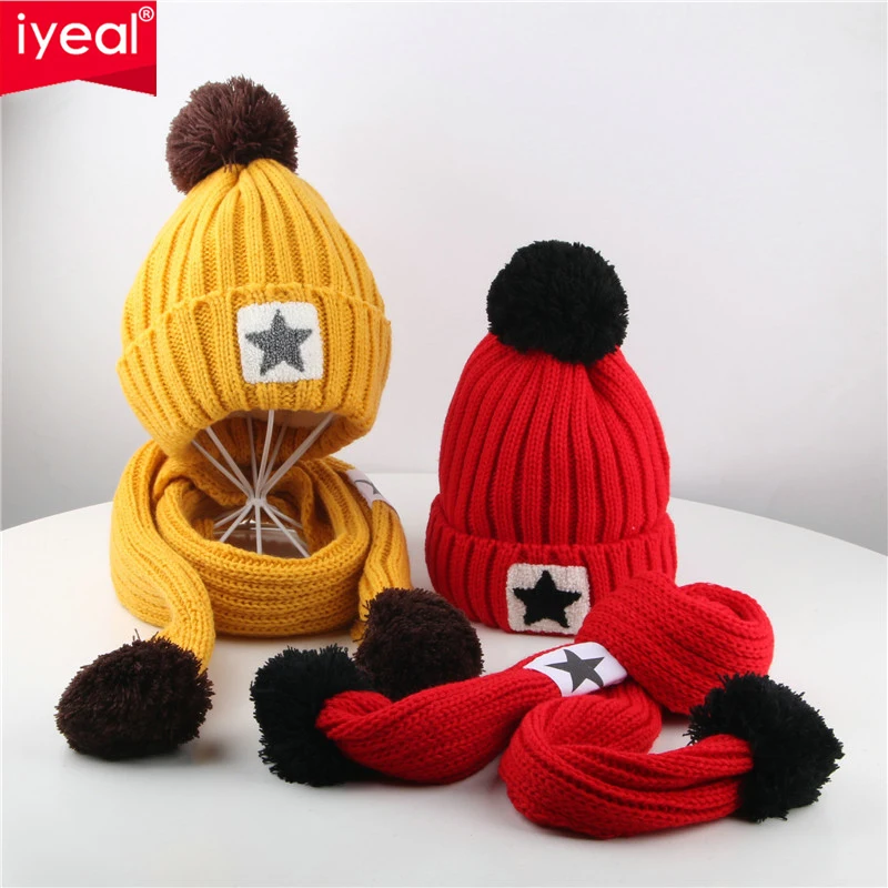 IYEAL Winter Baby Hats Kids Boys Girls Warm Children Cotton Stars Cap Infant Toddler Knitted Beanies 2 Pcs Hats + Scarf Set