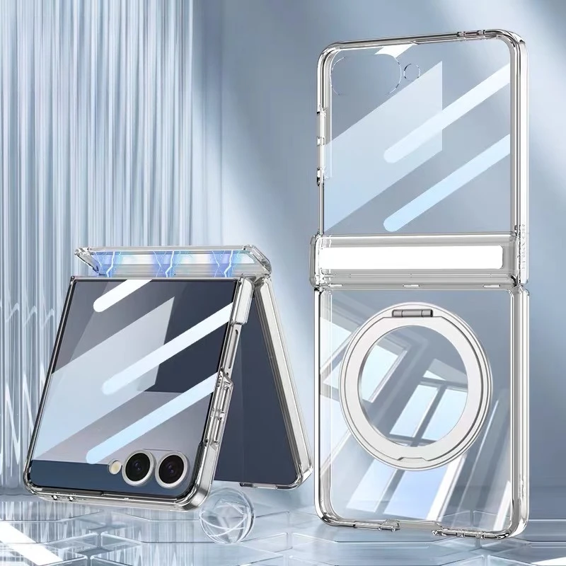 

Чехол Magsafe для Samsung Galaxy Z Flip Fold 8, 7, 6, 5, защитный чехол на петлях и 360° ° Регулируемая вращающаяся подставка, прозрачная магнитная крышка
