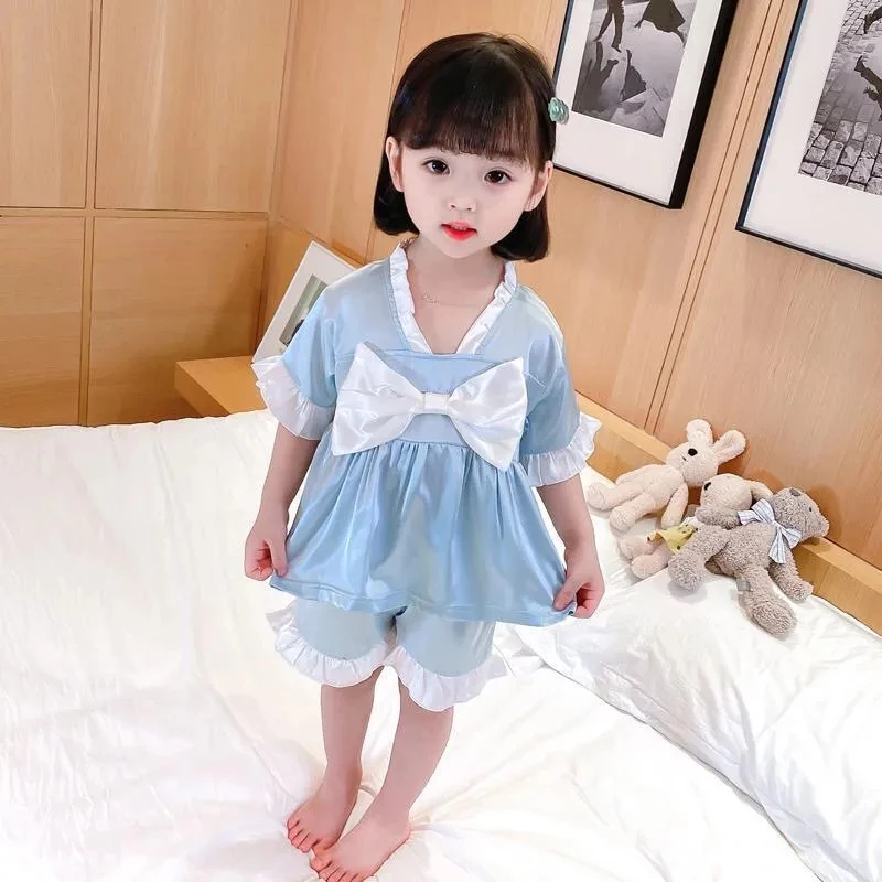 

Summer V-neck Thin Pajamas Girls' Cool Ice Silk Pajamas Set Sweet Cute Bow-knot Homewear Set Home Short-sleeve Pajama Pants