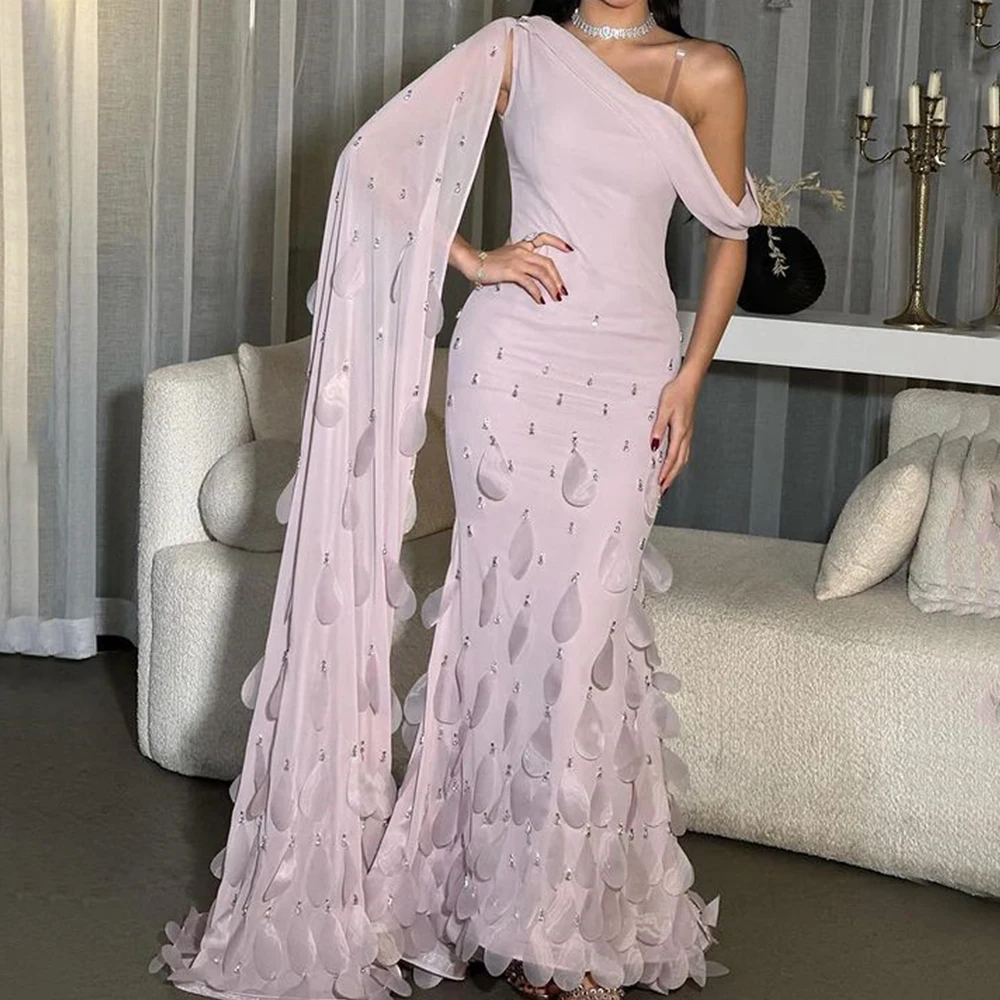 Flechazo Charming Evening Dress Light Purple One Shoulder Mermaid Chiffon Floor Length with Beading and 3D Leafs Party Gowns