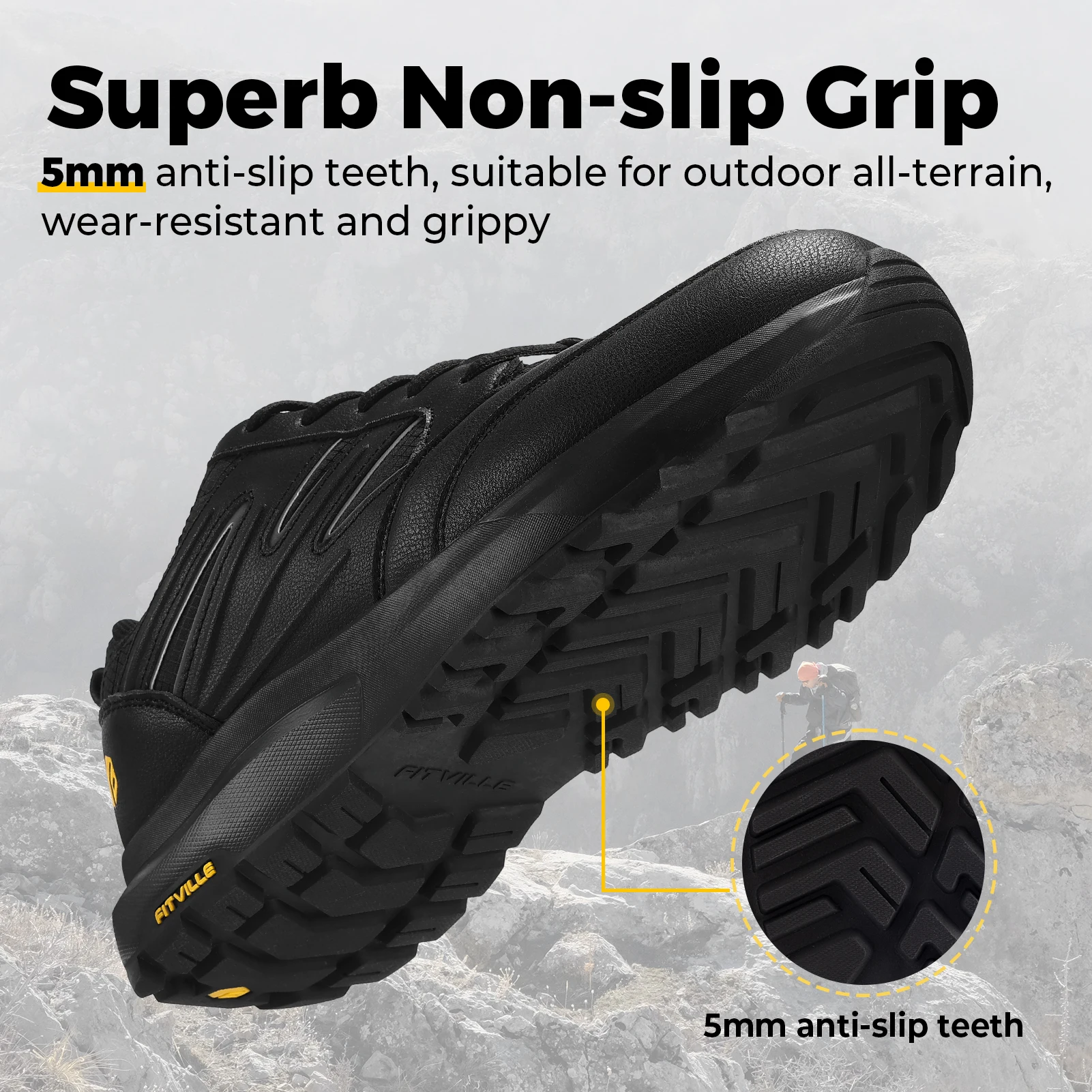 FitVille Wide Toe Hiking Shoes Outdoor Low-top Trekking Climbing Shoes for Men Water-resistant Trails Casual Sneakers Non-Slip