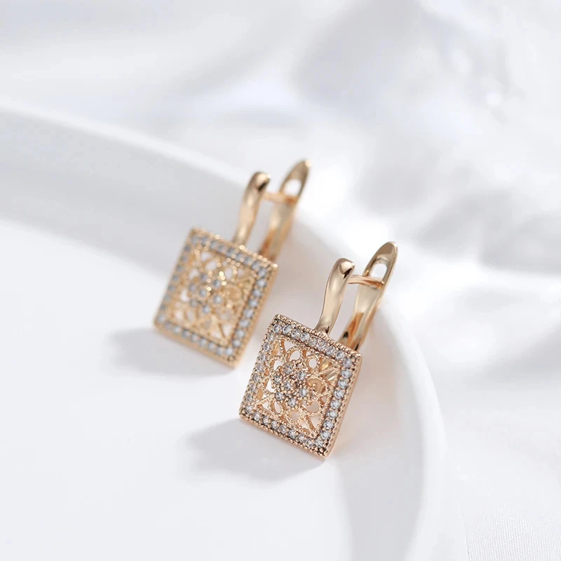 JULYDREAM Square Hollow Embossed Drop Earrings Full Zircon 585 Gold Color Women Vintage Jewelry Wedding Party Accessories