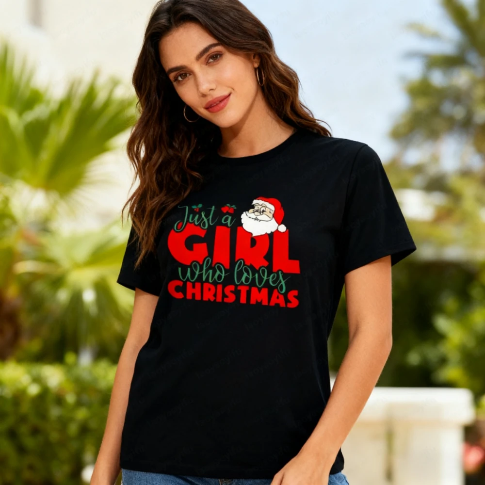 

Рождественская футболка Just A Girl Who Loves, милая рубашка Санта-Клауса, футболка с графическим принтом для женщин и девочек, повседневные рождественские праздничные костюмы