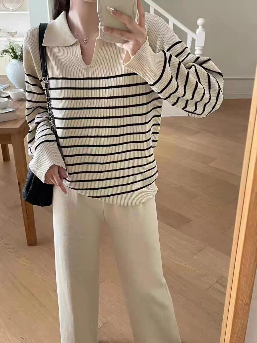 New Casual coreano moda pantalone lavorato a maglia set donna a righe risvolto manica lunga Pullover allentato maglione + pantaloni gamba larga tuta