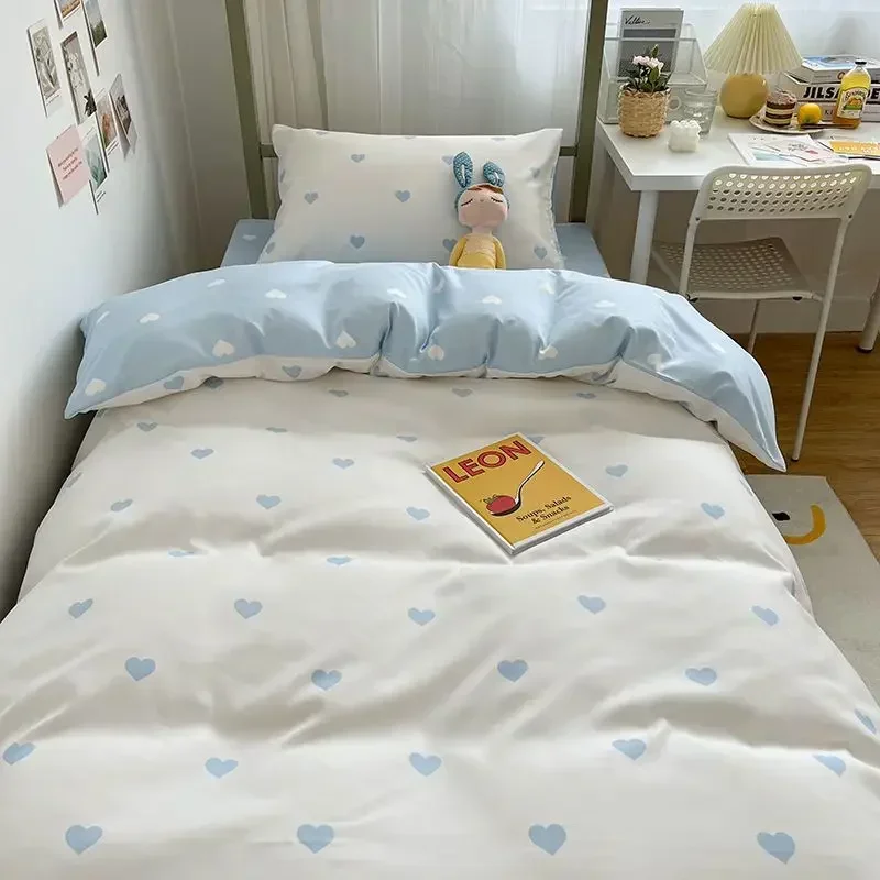 Sweet Blue Love Heart Printed Bedding Set for Girl Adult Child Bed Cover and Sheet Pillowcases 3/4pcs Duvet Cover Soft Bed Linen