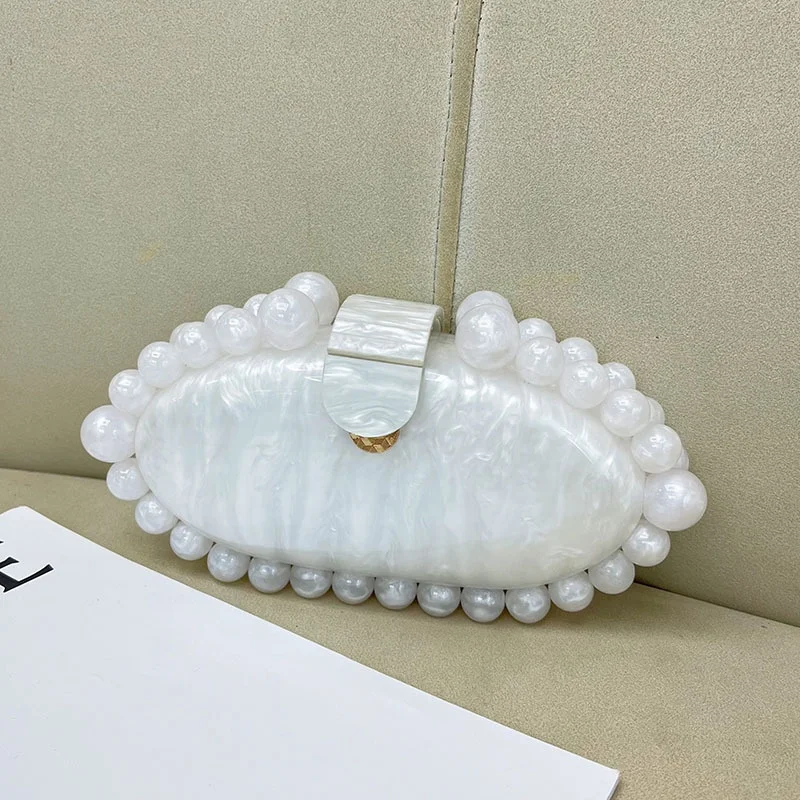 

2025 Summer Elegant Marble Evening Clutch Purses for Women Oval Acrylic Handbag Chain Shoulder Bag Pearl Clutch for Party Prom
