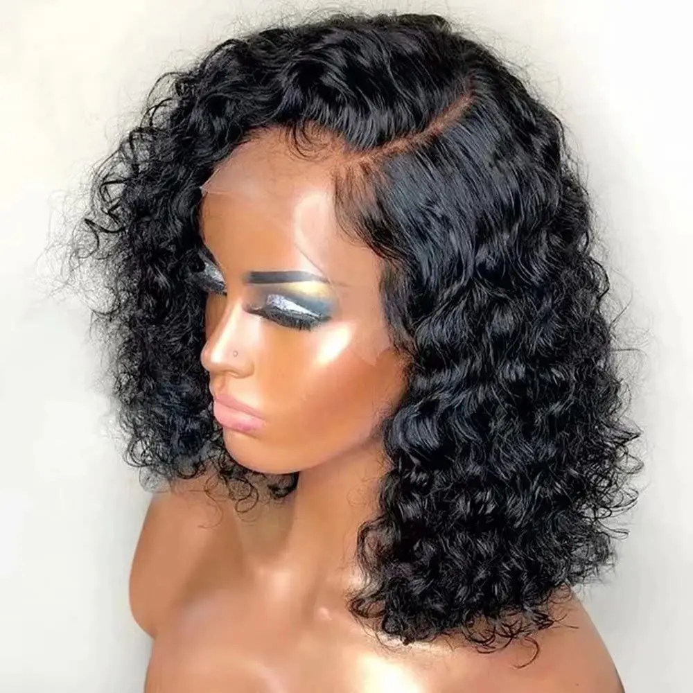 Pelucas de cabello humano virgen brasileño para mujer negra, pelo corto prearrancado con encaje Frontal 13x4, 200% de densidad, onda profunda