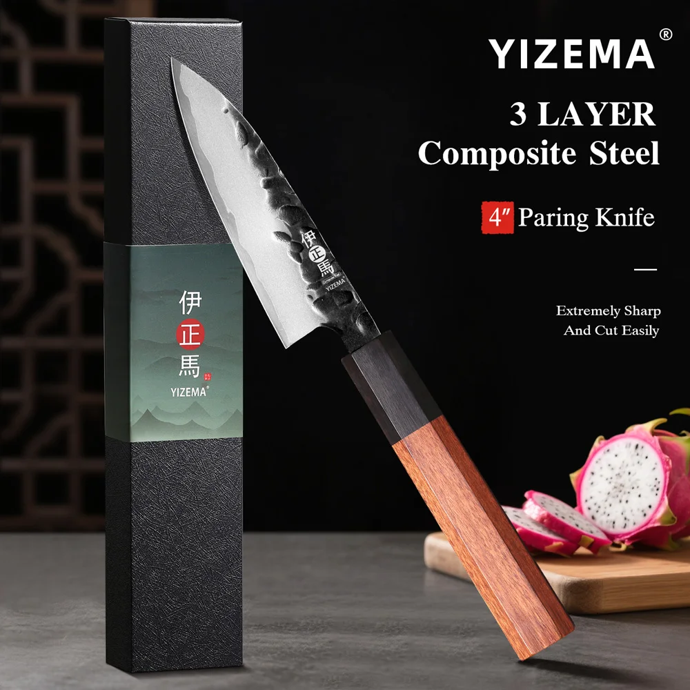 

YIZEMA 4" Paring Knife Japanese Three-layer Composite Steel Kitchen Utility Fruit Peel Handmade Cooking Professional Chef Knife