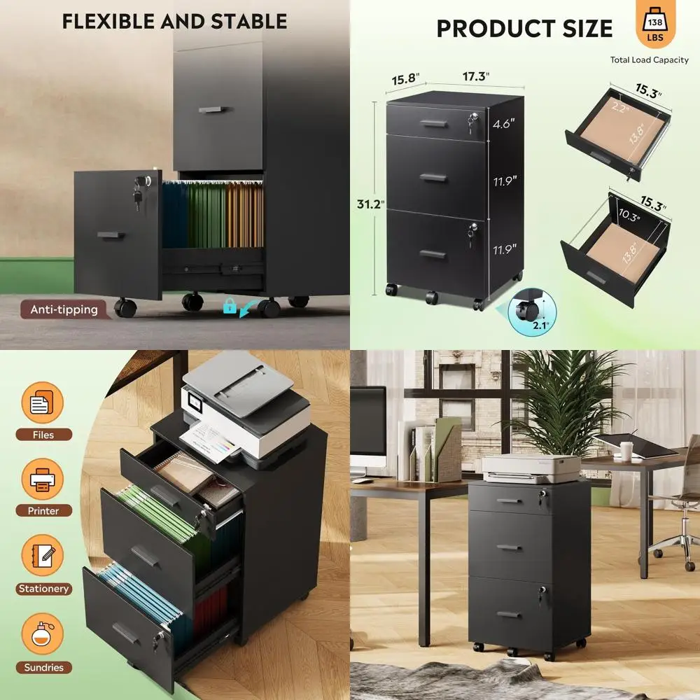 

Secure 3-Drawer Wooden File Cabinet for Letter/A4 Documents, Home Office, Black