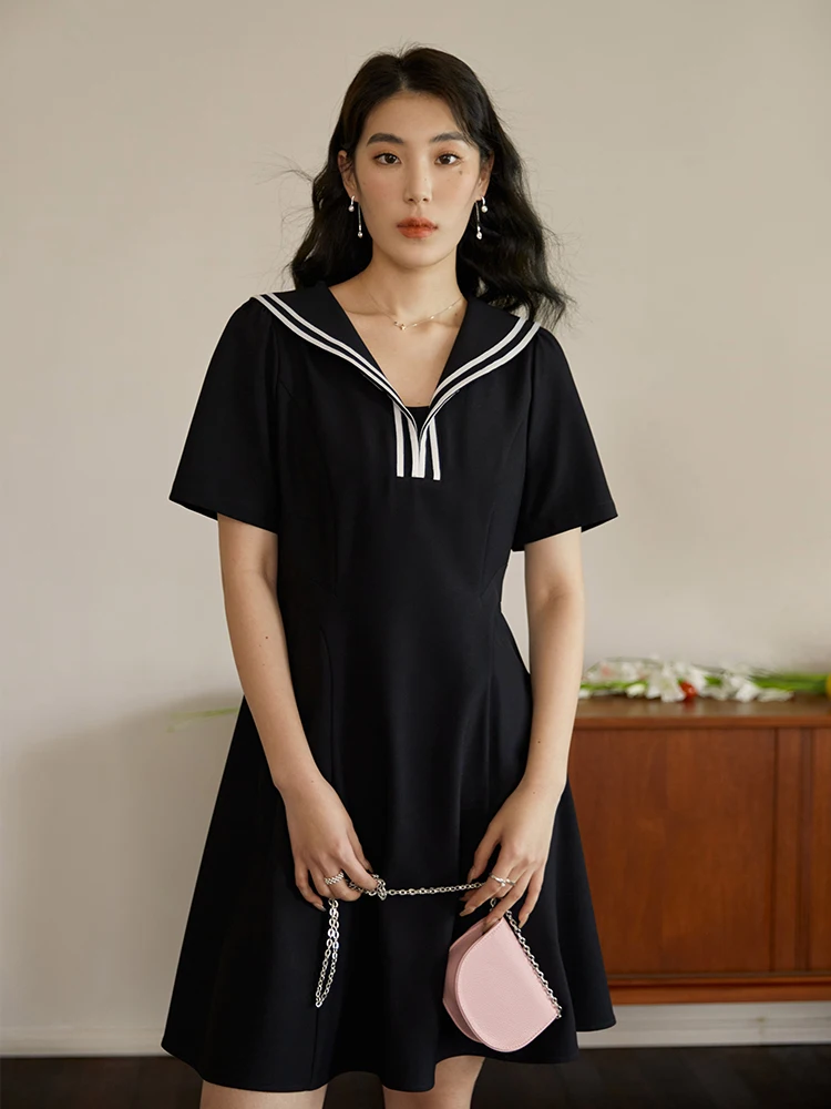 DUSHU Commuting Retro Navy Collar Preppy Dress for Female Summer Slimming Simple High Waist A-Line Little Black Dress for Women