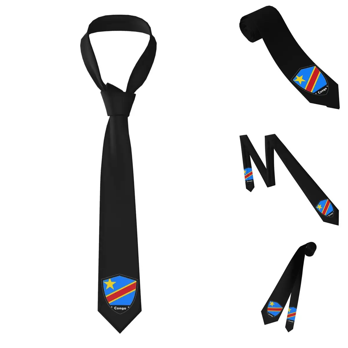 Congo Flag Badge Necktie for Men Silk Polyester Slim Neck Ties Party Business Tie Classic Gravatas