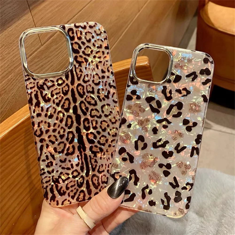 Luxury Leopard Aurora Shell Pattern Case For iPhone 16 15 14 13 12 11 Pro Max Plus Plating Camera Protection Shiny Cool Cover