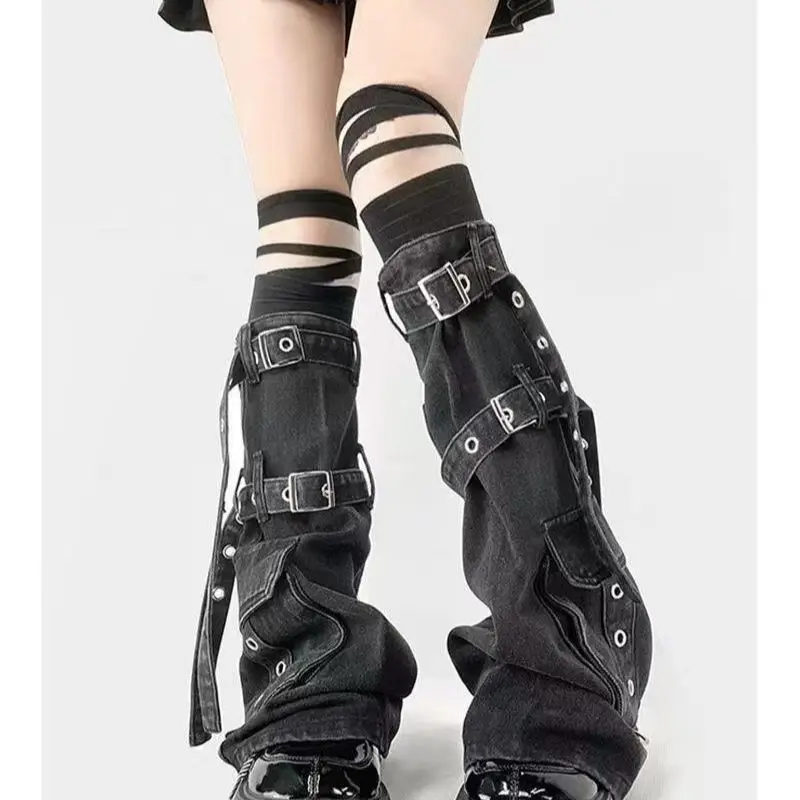 Y2k Punk Multi-buckle Straps Denim Leg Warmers Cover Women Cargo Pocket Stacked Boot Covers Streetwear Leg Sleeves