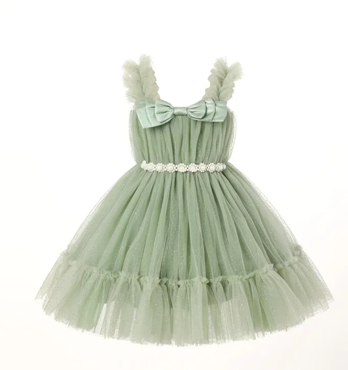 Retail New 2024 Baby Summer Girls Boutique Green Mesh Bow Dress, Princess Kids Sweet Fashion Dress  1-7T