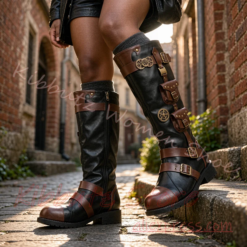 Steampunk Knee High Boots Gear Pocket Multi Buckle Side Zip Flat Sole Vintage Gothic Cosplay Renaissance Footwear Leather Sexy view 5