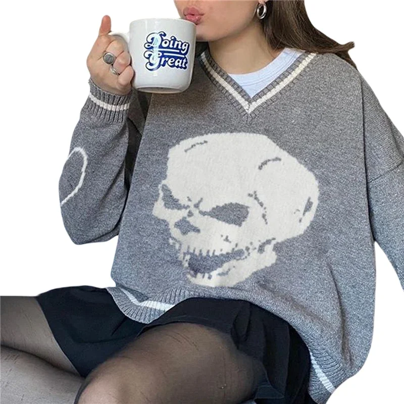 Personality Skull Pattern Casual Loose V-neck Knitted Sweaters Women V-Neck Jumpers 2024 New Women's Autumn and Winter Pullover