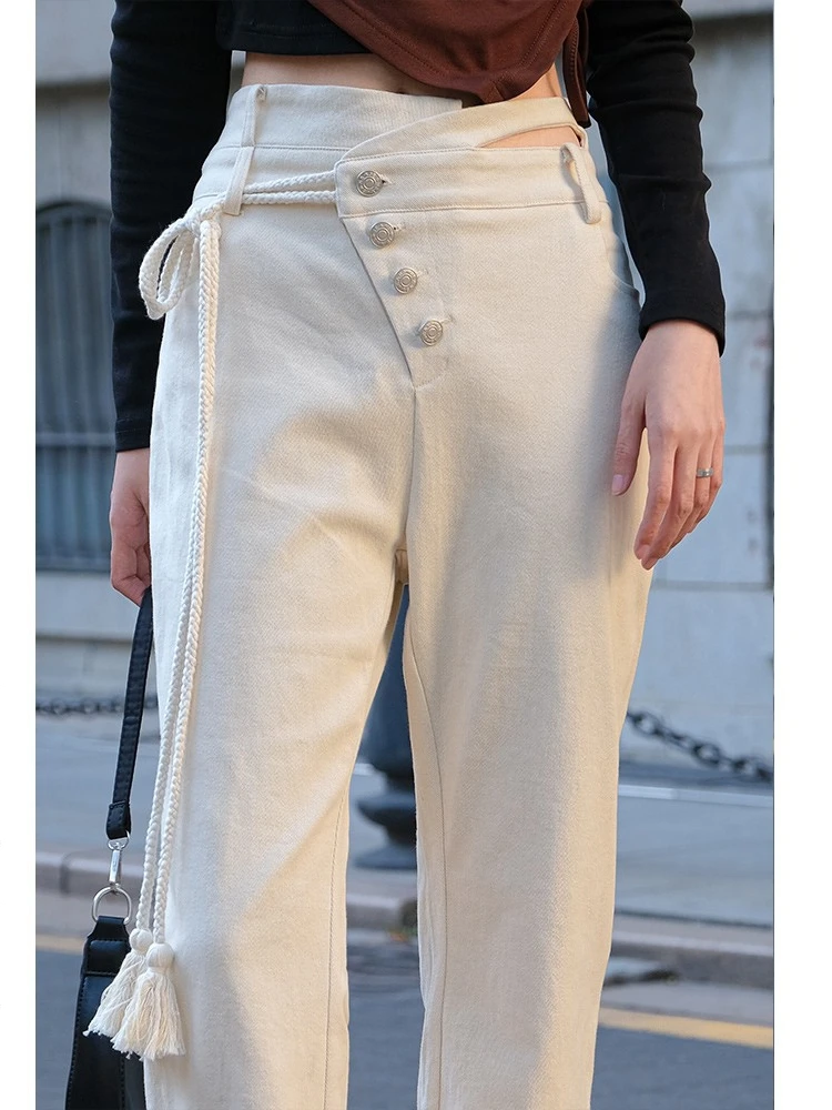 

White Micro Flared Pants Women's Casual High Waist Asymmetric Korean Sle Spring New Design Sensation Small Cro Ladies