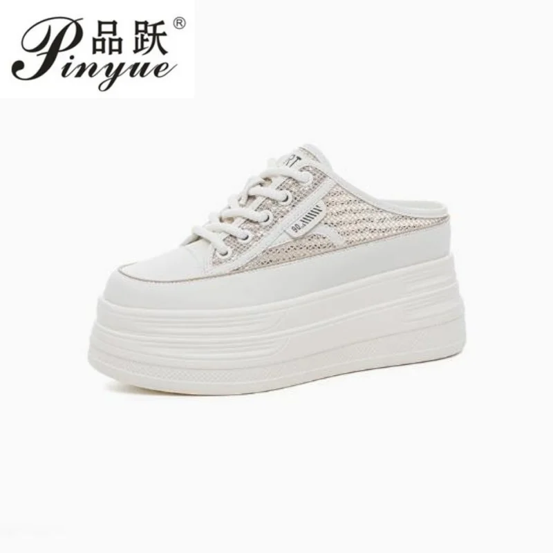 

8cm Air Mesh PU Synthetic Microfiber Leather Flats Women Sandals Slipper Chunky Sneakers Slippers Platform Wedge Shoes 34-39