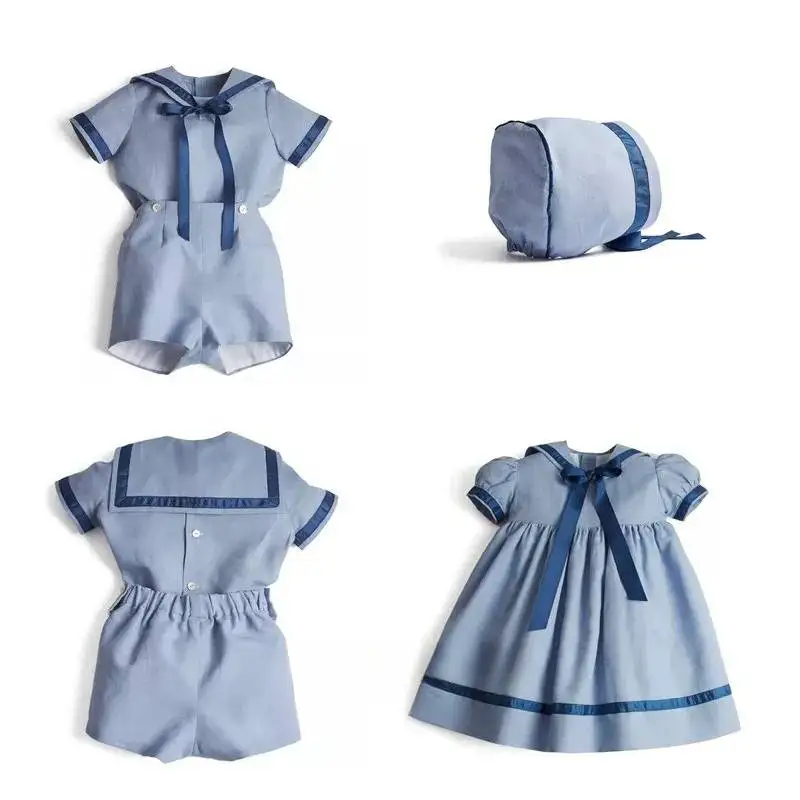 Summer Sister and Brother Clothing Blue Navy Style Dress Short Sleeve Shorts British Academy Dress Set Spanish Baby Clothes